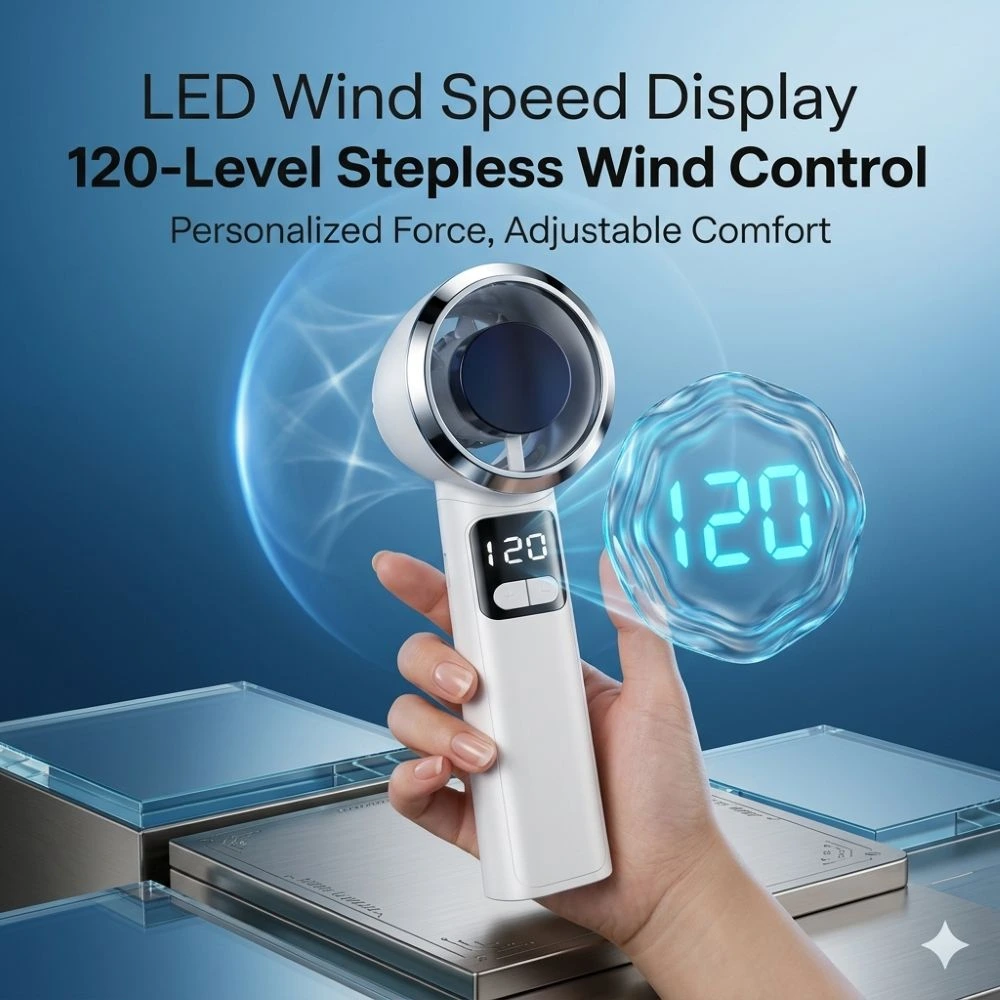 portable handheld mini fan 120 speed. available in brown, green and grey