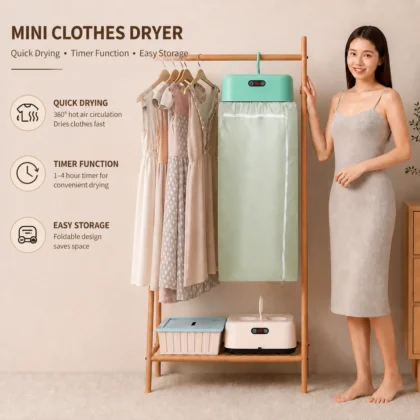 600W portable mini clothes dryer with timer and drying cove