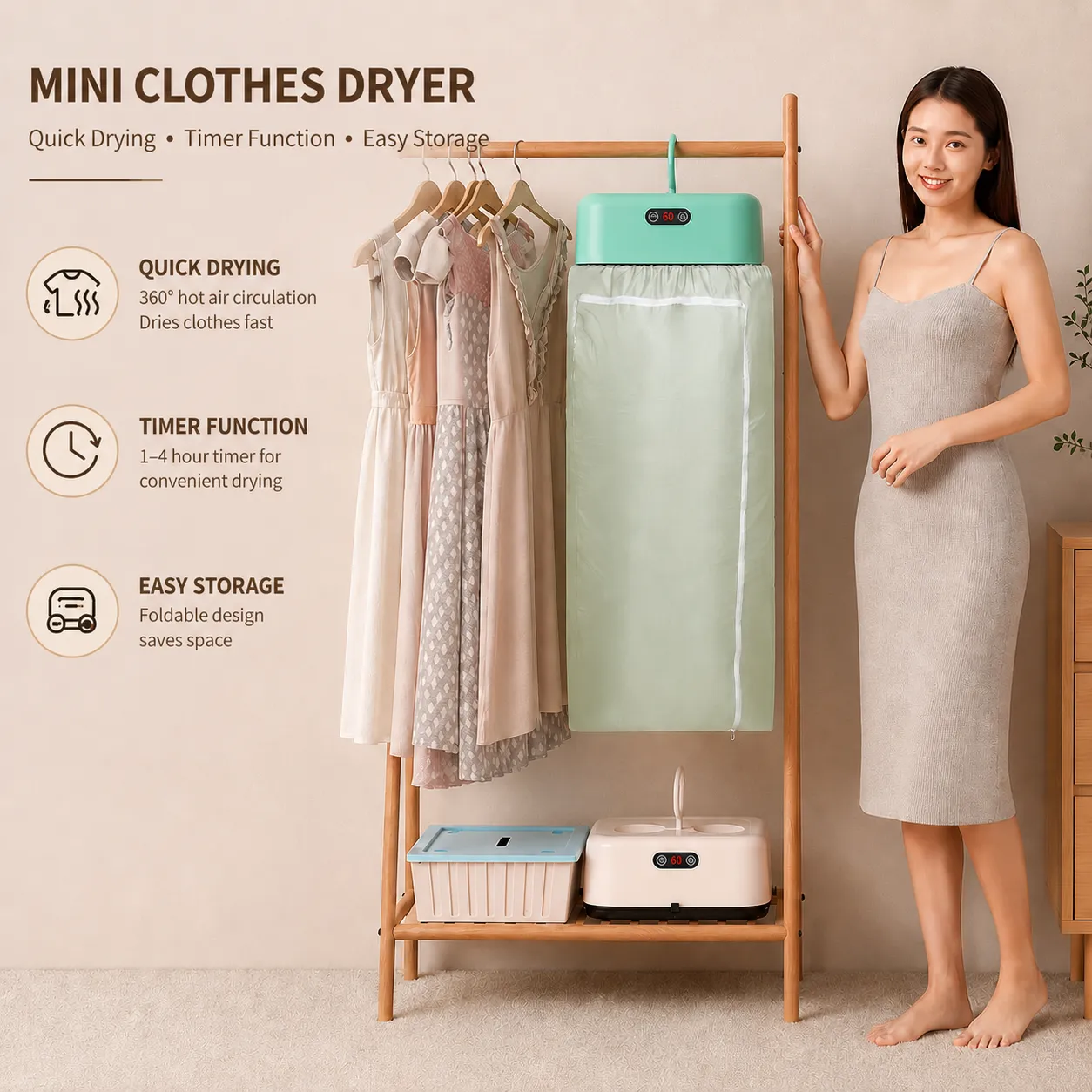 600W portable mini clothes dryer with timer and drying cove