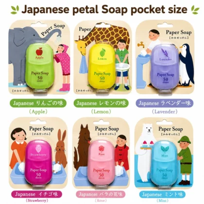 Portable paper soap in Apple, Lemon, Lavender, Strawberry, Rose and Mint scents