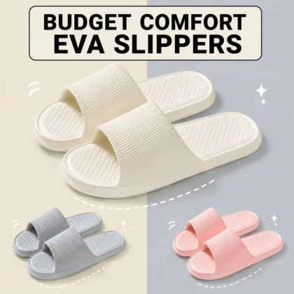 Thick-sole EVA bathroom slippers in grey white and pink.