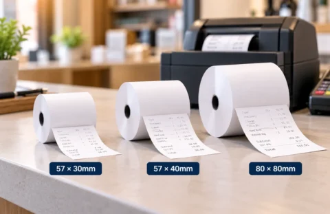 Thermal paper roll sizes in 57 × 30mm, 57 × 40mm and 80 × 80mm for receipt printers