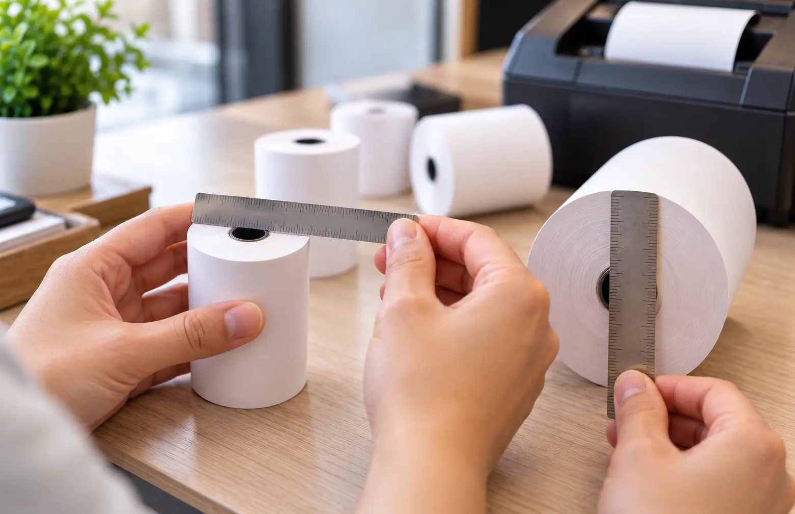 Thermal paper roll sizes being measured for paper width and roll diameter