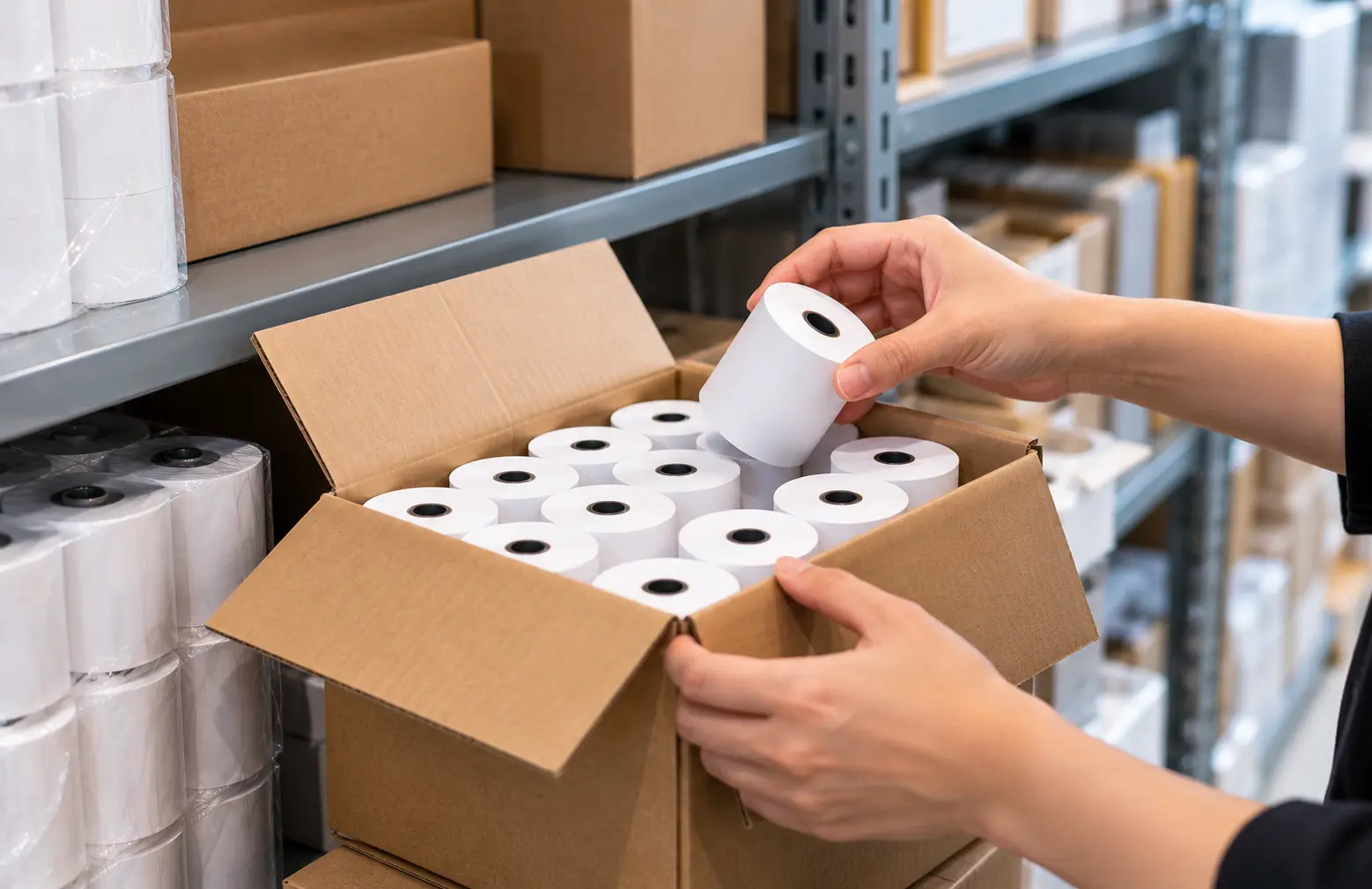 Thermal paper rolls for credit card machine use stored by the carton for business replenishment.