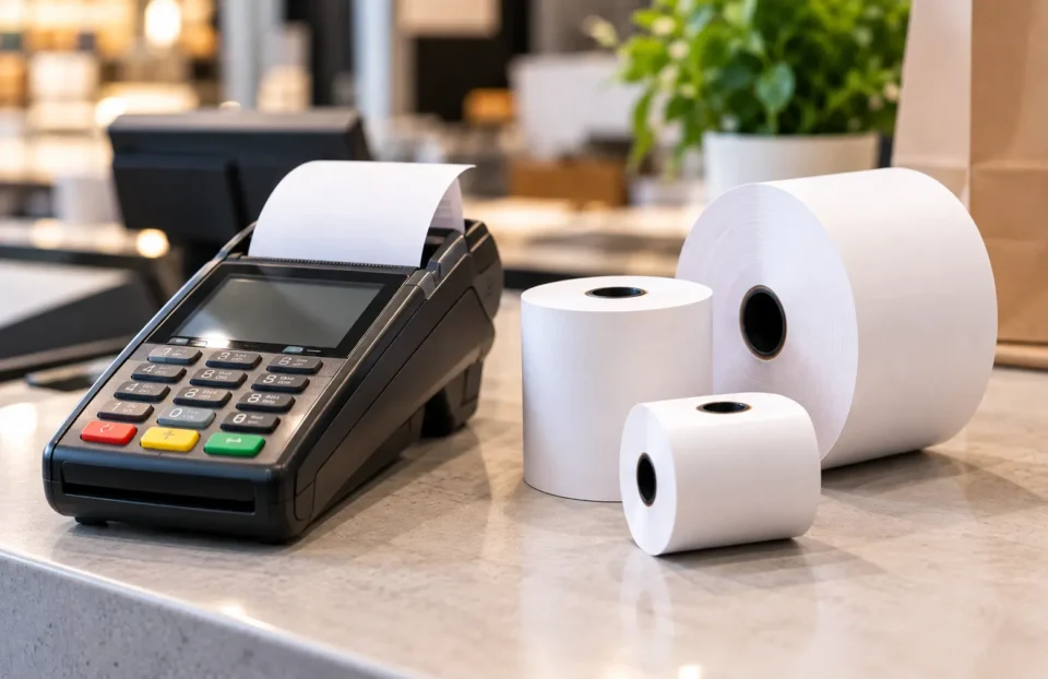 Thermal paper rolls for credit card machine use in different receipt paper sizes
