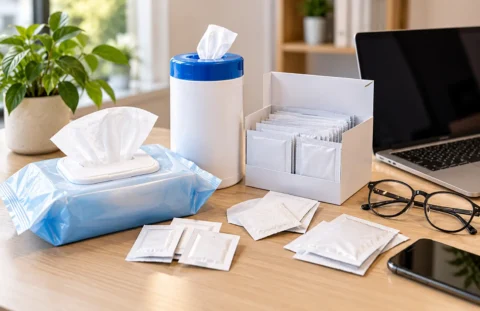 Alcohol wipes alongside alcohol pads, screen cleaning wipes and lens cleaning wipes for different cleaning applications