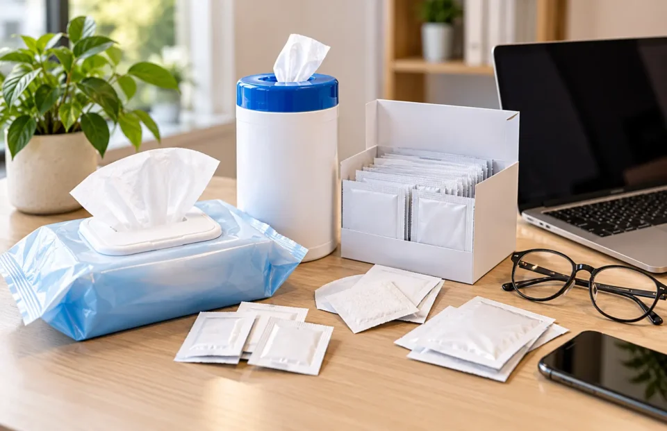 Alcohol wipes alongside alcohol pads, screen cleaning wipes and lens cleaning wipes for different cleaning applications